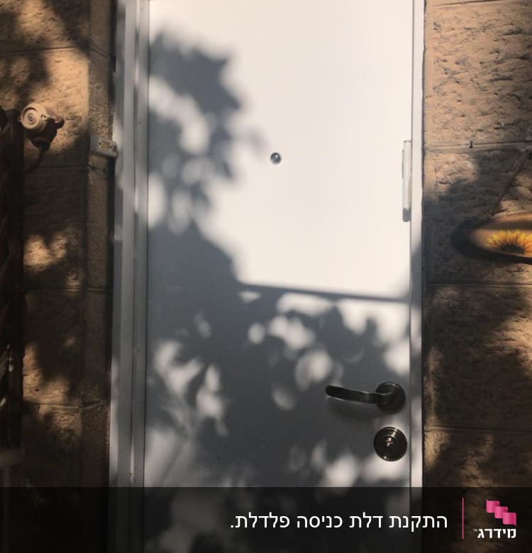 דלת לבנה עם ידית מתכת וצללים
